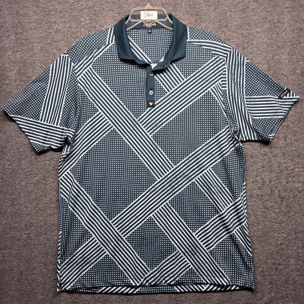 Bad Birdie Mens XL Golf Polo Shirt Navy Blue‎ White Geometric Stripe Dot Stretch